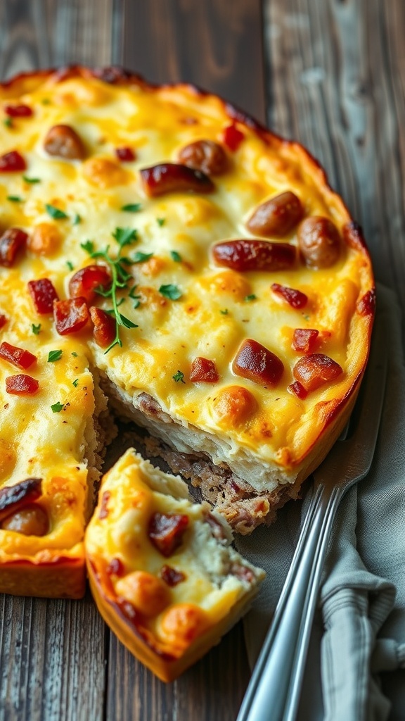 Savory Carnivore Ricotta Bake A savory ricotta bake with meats, golden-brown on top, served on a wooden table.